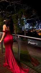 Elegant Off The Shoulder Mermaid Evening Dress,Red Satin Prom Dress  Y8221