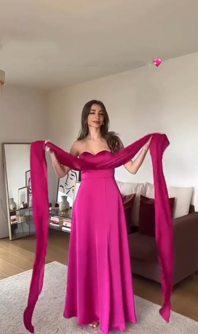 Classy Hot Pink Satin A Line Long Evening Dress Birthday Party Gown