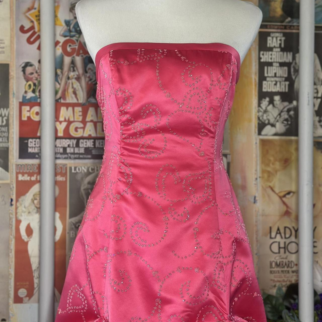 Elegant Hot Pink Strapless Satin Beaded Long Party Dress Birthday Prom Gown
