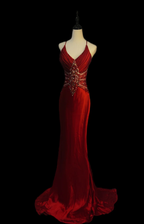 Pretty Spaghetti Straps V Neck Red Satin Beaded Mermaid Party Dress Formal Evening Gown