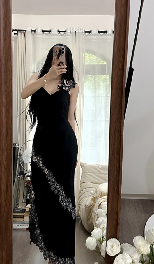 Fashion Spaghetti Straps Black Satin Mermaid Long Party Dress Prom Gown With Appliques