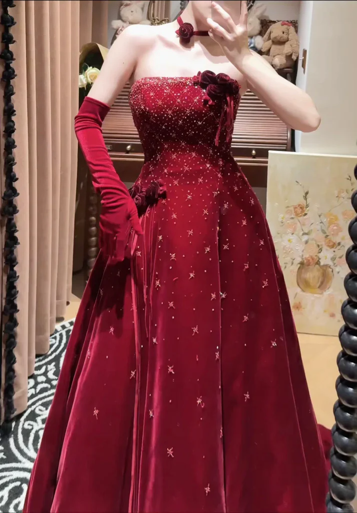 Vintage Strapless Red Velvet Sequin Beaded Long Evening Gown Party Dress