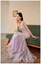 Gorgeous Sweetheart Neck Lavender Tulle Sequin Mermaid Long wedding Guest Dress Formal Evening Dress Prom Gown