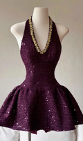Sexy Purple Halter Sequin Beaded A Line Cocktail Dress V Neck Short Homecoming Dress Y9240