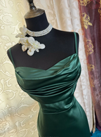 Sexy Spaghetti Straps Emerald Green Satin Sheath Long Evening Dress Formal Wedding Guest Dress SP1894