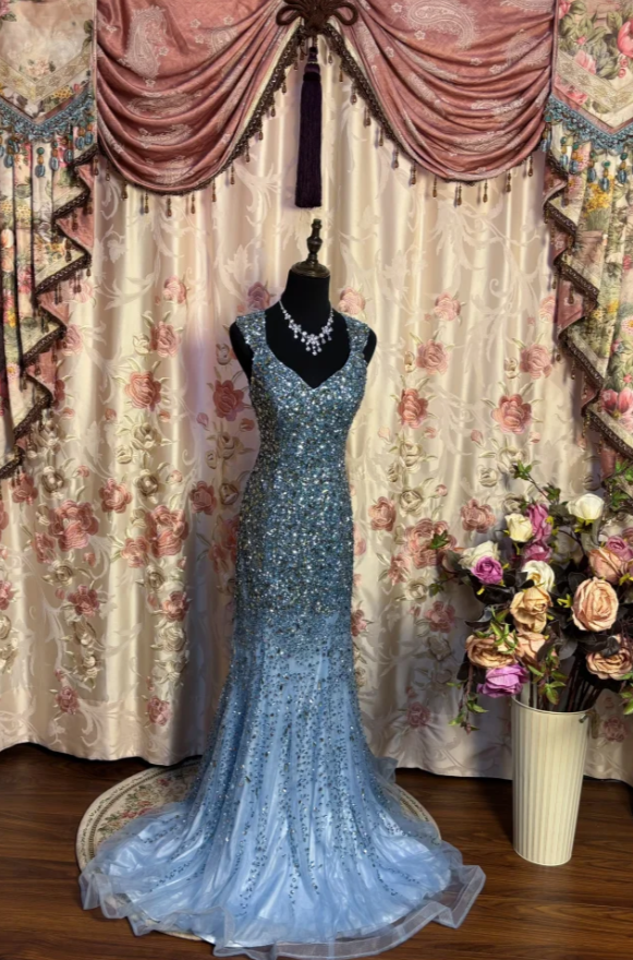 Sparkly Blue Tulle Beaded Mermaid Evening Dress Long Birthday Party Dresses SP1605