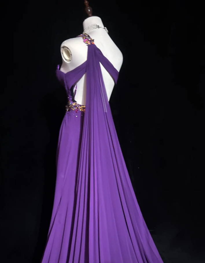 Classy One Shoulder Chiffon Pleated Beaded Mermaid Long Evening Dress Party Gown Purple Formal Wedding Guest Dress