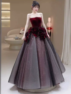 Sexy Ball Gown Strapless Velvet Burgundy Tulle Flowers Long Prom Dresses C1487