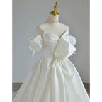 Simple Ball Gown Sweetheart Satin Long White Wedding Dresses With Bow C1788