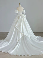 Simple Ball Gown Sweetheart Satin Long White Wedding Dresses With Bow C1788