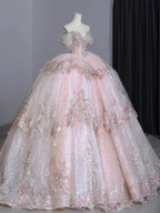 Dreamy Ball Gown Off The Shoulder Pink Lace Long Wedding Dresses With Beads C1790