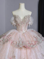 Dreamy Ball Gown Off The Shoulder Pink Lace Long Wedding Dresses With Beads C1790