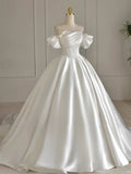 Simple Ball Gown Off The Shoulder White Long Lace Wedding Dresses With Beads C1794
