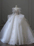 Dreamy Ball Gown Sweetheart Long Sleeves White Lace Wedding Dresses With Beads C1795