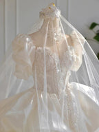 Dreamy Ball Gown High Neckline Short Sleeves White Lace Wedding Dresses With Beads C1796