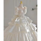Dreamy Ball Gown High Neckline Short Sleeves White Lace Wedding Dresses With Beads C1796
