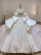 Dreamy Ball Gown Sweetheart Short Puffy Sleeves White Lace Wedding Dresses With Beads C1797