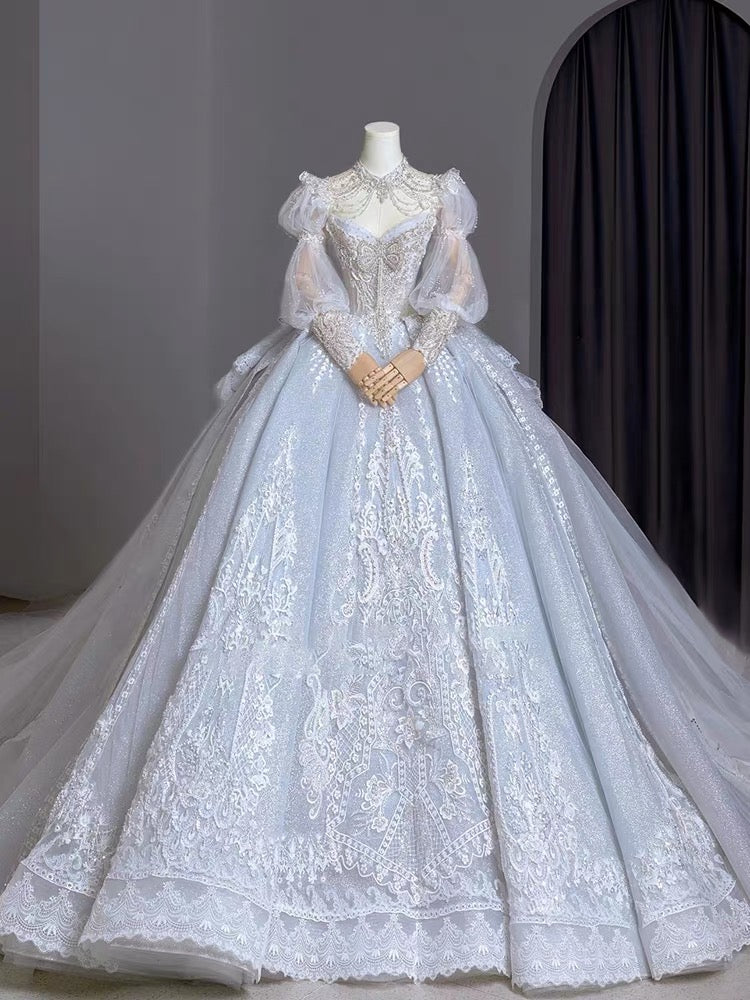 Dreamy Ball Gown Sweetheart Long Puffy Sleeves Lace Wedding Dresses With Beads C1798