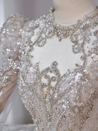 Chic Ball Gown Scoop White Long Sleeves Sequin Wedding Dresses With Beads Buttons C1810