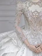 Chic Ball Gown Scoop White Long Sleeves Sequin Wedding Dresses With Beads Buttons C1810