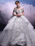 Luxury Ball Gown Off The Shoulder Neckline Short Sleeves Sequin Wedding Dress C181
