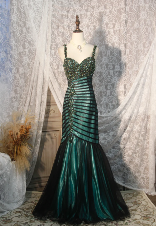 Vintage Spaghetti Straps Satin Tulle Beaded Mermaid Evening Dress Dark Green Long Party Gown