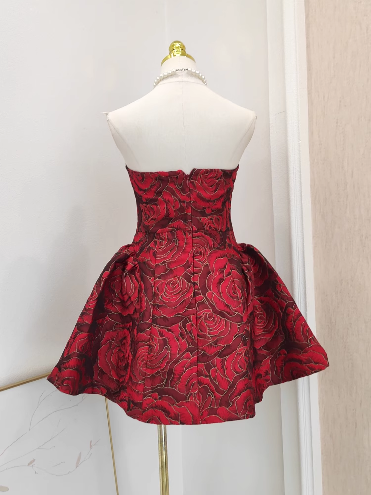 Cute Ball Gown Strapless Red Satin Floral Cocktail Dress Short Birthday Outfits