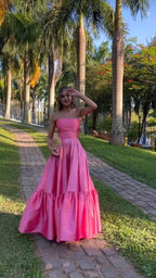Classy Ball Gown Strapless Pink Floor Length Satin Slit Prom Dresses Evening Gowns C2532