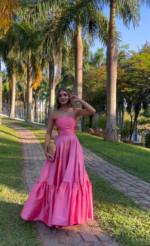 Classy Ball Gown Strapless Pink Floor Length Satin Slit Prom Dresses Evening Gowns C2532