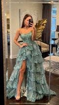 Fancy Ball Gown Strapless Light Green Lace Long Prom Dresses Evening Dress C2628