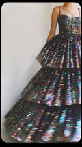 Pretty Ball Gown Spaghetti Straps Ruffles Layers Black Sequin Long Prom Dresses Formal Evening Dress C2706