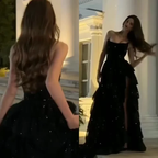 Elegant Ball Gown Strapless Black Sequin Layers Slit Long Prom Dresses Formal Dress C2735