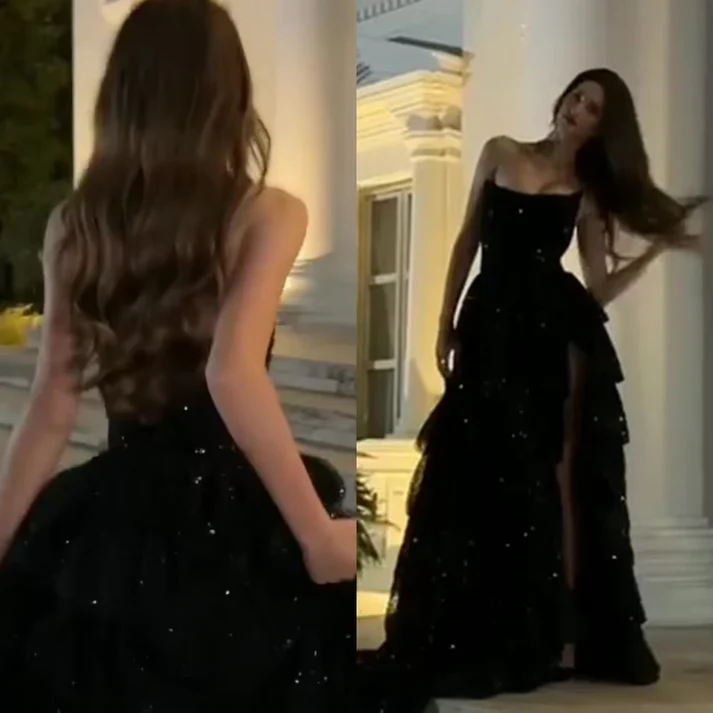 Elegant Ball Gown Strapless Black Sequin Layers Slit Long Prom Dresses Formal Dress C2735