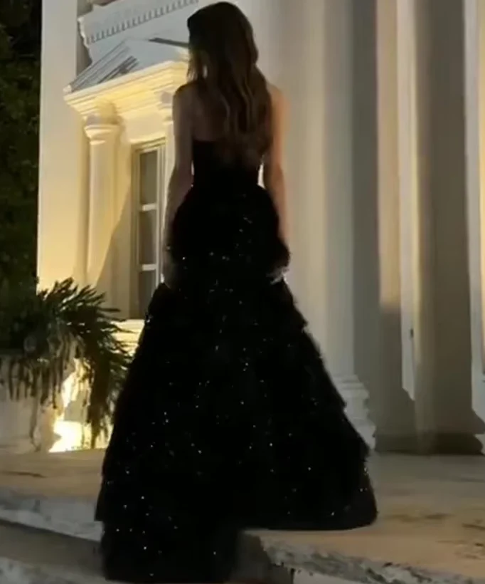 Elegant Ball Gown Strapless Black Sequin Layers Slit Long Prom Dresses Formal Dress C2735