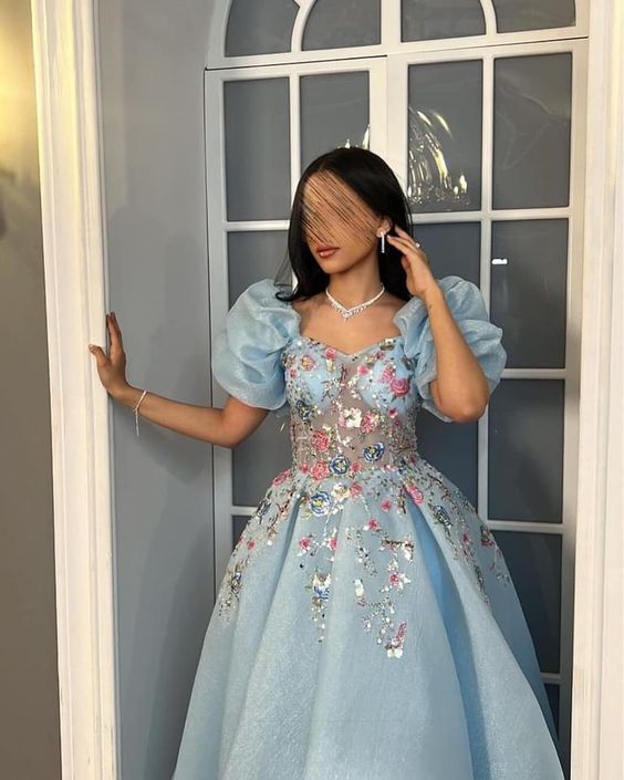 Pretty Ball Gown Sweetheart Short Puffy Sleeves Light Sky Blue Prom Dresses Long Evening Dress C2953
