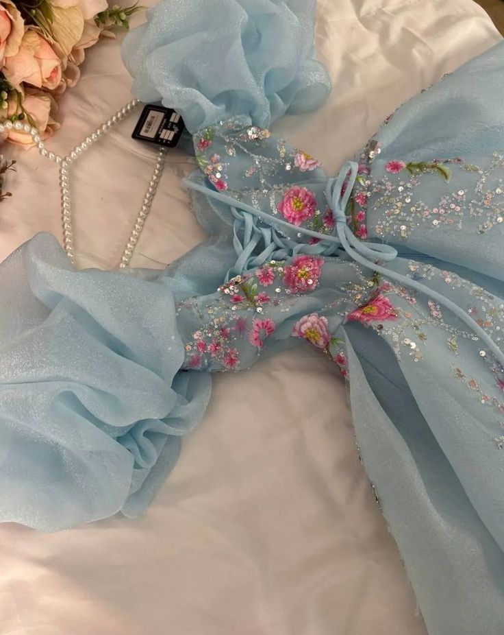 Pretty Ball Gown Sweetheart Short Puffy Sleeves Light Sky Blue Prom Dresses Long Evening Dress C2953