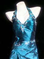 Glitter Blue Halter Satin Beaded Mermaid Long Party Dress Formal Wedding Guest Dress SP1593