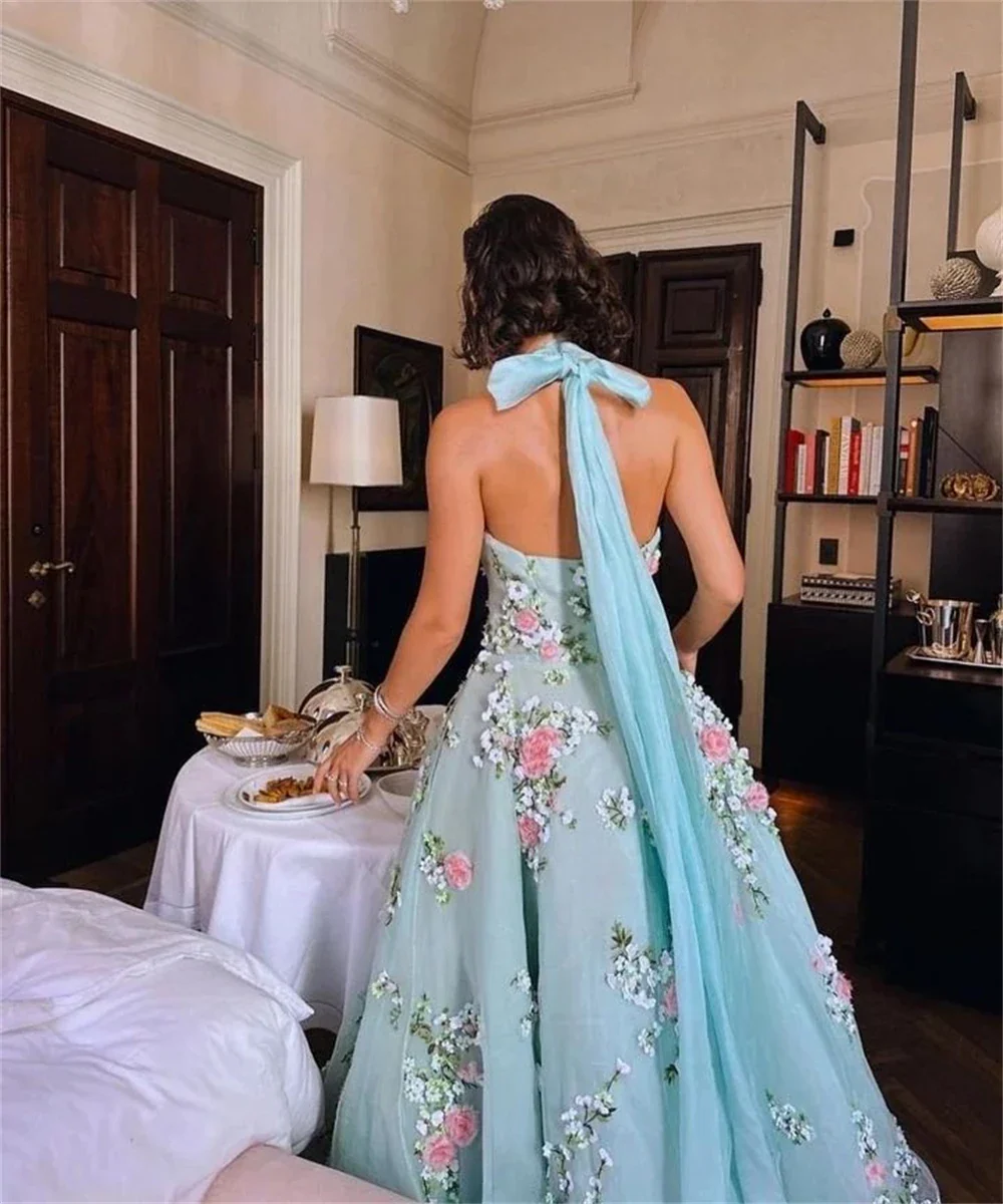 Classy Ball Gown Halter Light Blue Tulle Lace Prom Dresses Evening Dress C3177