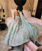 Classy Ball Gown Halter Light Blue Tulle Lace Prom Dresses Evening Dress C3177