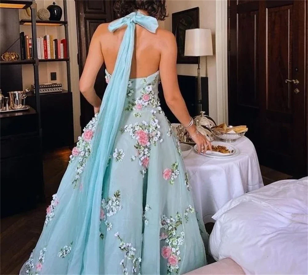 Classy Ball Gown Halter Light Blue Tulle Lace Prom Dresses Evening Dress C3177