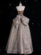 Pretty Ball Gown Strapless Floral Satin Long Prom Dress Evening Dresses With Bowknot CC3253