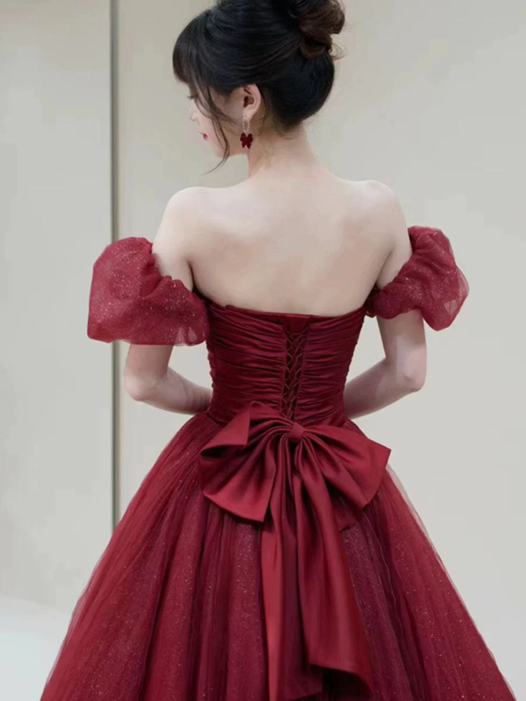 Elegant Ball Gown Sweetheart Burgundy Short Sleeves Long Prom Dress Evening Dresses C3263