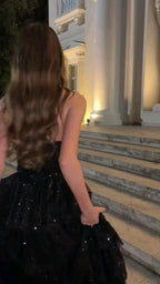 Elegant Ball Gown Strapless Black Sequin Long Prom Dress Evening Dresses With Ruffles C3387
