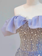 Elegant Ball Gown Off The Shoulder Lilac Short Sleeves Sequin Evening Dress Long Prom Dresses C3583