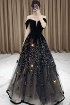 Elegant Ball Gown Off The Shoulder Black Short Sleeves Sequin Evening Dress Long Prom Dresses C3584