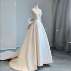 Chic Ball Gown V neckline Sleeveless Ivory Satin Long Wedding Dresses With Bow C3600