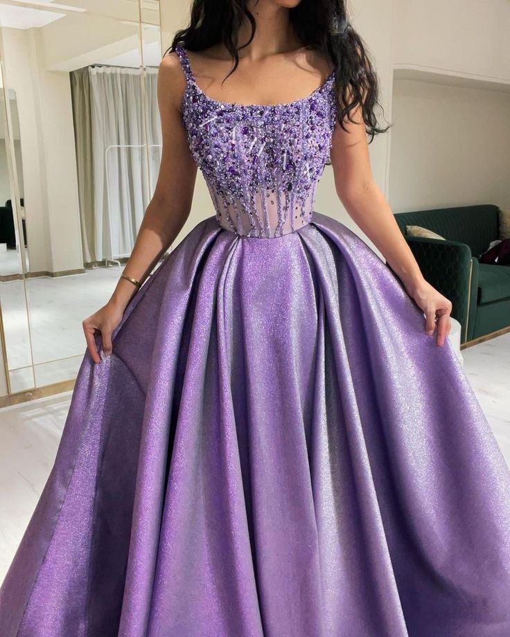 Pretty Ball Gown Straps Neckline Lilac Satin Evening Dress Prom Dresses With Beads C3677