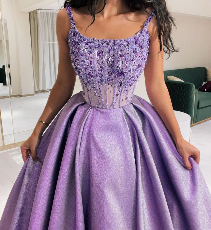 Pretty Ball Gown Straps Neckline Lilac Satin Evening Dress Prom Dresses With Beads C3677