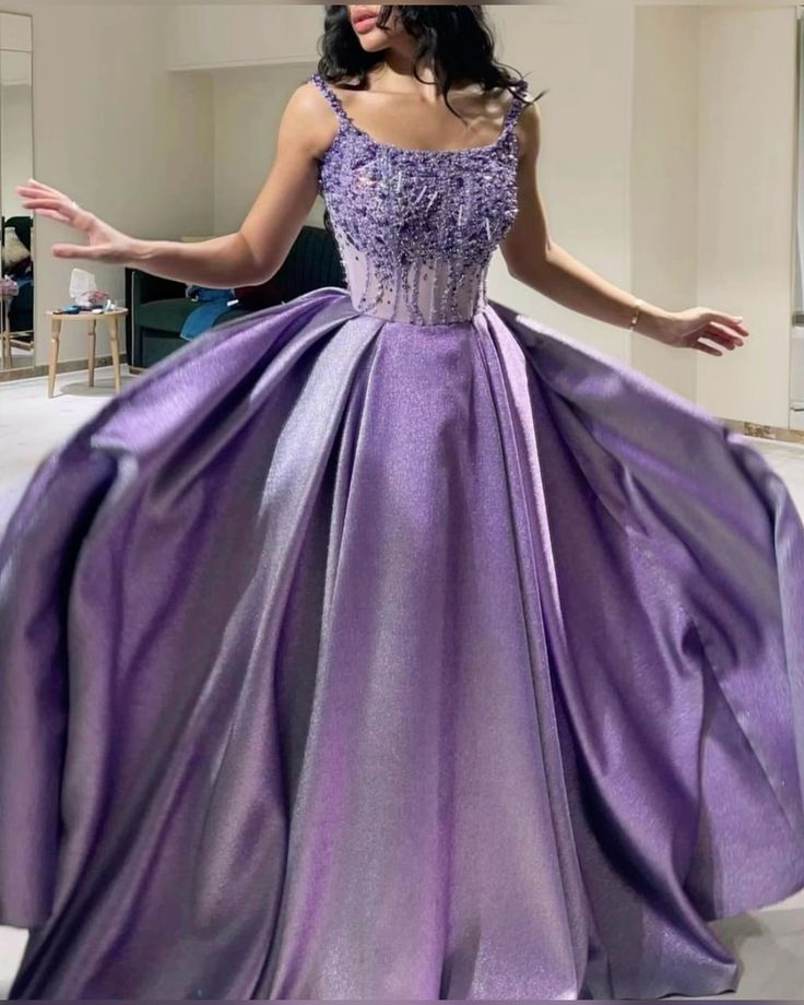 Pretty Ball Gown Straps Neckline Lilac Satin Evening Dress Prom Dresses With Beads C3677