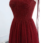 Vintage Ball Gown Straps Red Tulle Beading Long Evening Dress Prom Dresses C3693